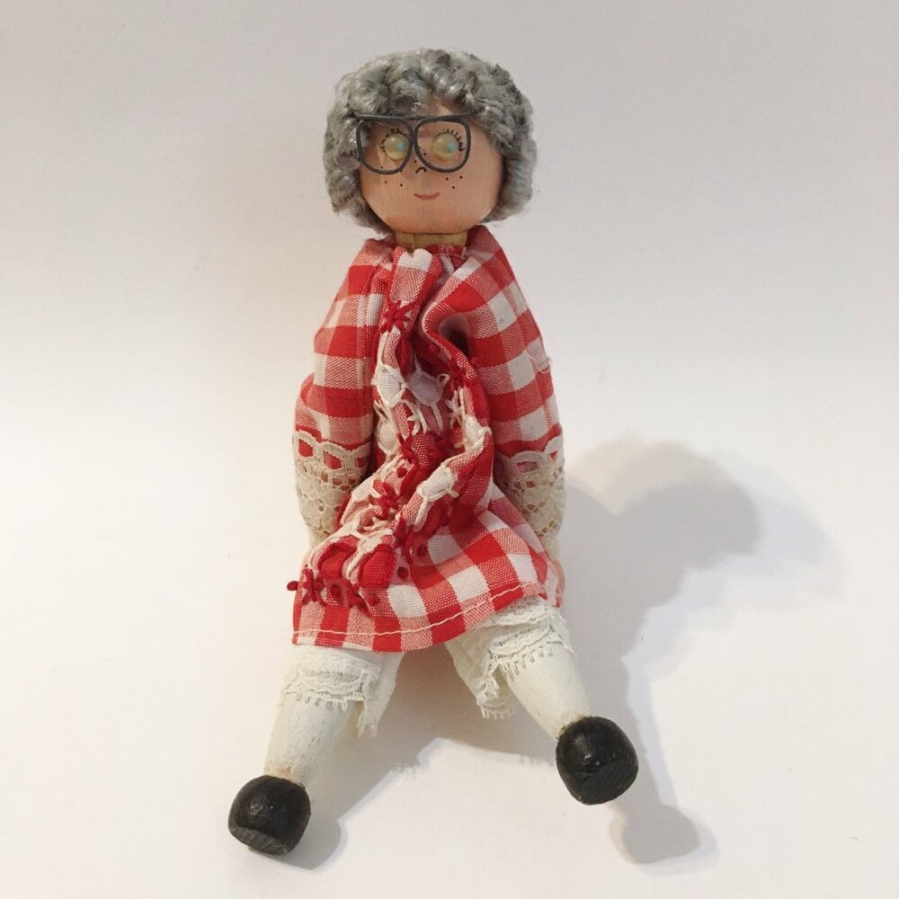Clothes Pin Doll Red Check Dress Grey Hair Glasses Wood Head Collectible Vintage